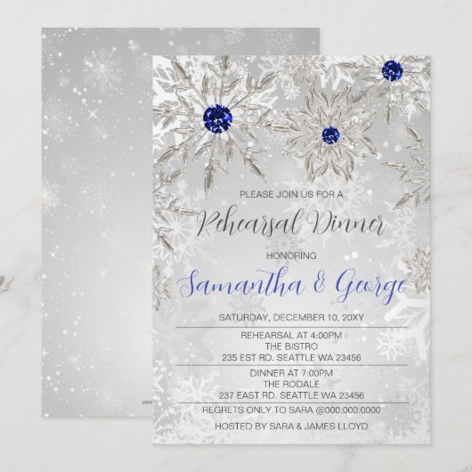 Invitation Dîner de répétition hivernal Royal Blue Snowflakes (Devant / Derrière)