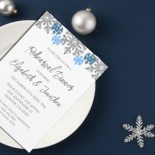 Invitation Dîner de répétition hivernal Silver Blue Snowflake