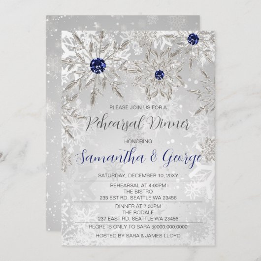 Invitation Dîner de répétition hivernal Silver Navy Snowflake (Devant / Derrière)
