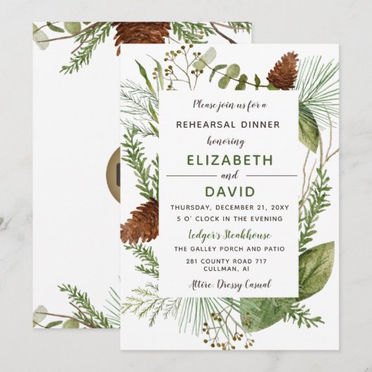 Invitation Dîner de répétition hivernale Rustique Pine Cône (Devant / Derrière)