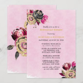 Invitation Dîner de répétition Hot Rose Black Gold Peony (Devant / Derrière)