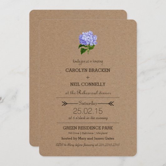 Invitation Dîner de répétition Hydrangea Russe Kraft Paper (Devant / Derrière)