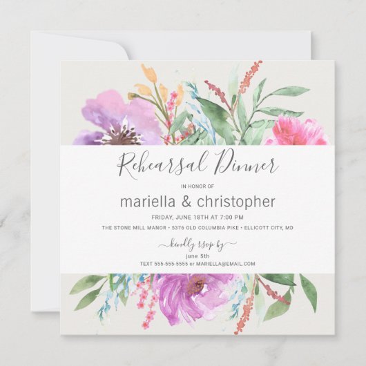 Invitation Dîner de répétition Jardin florissant Aquarelle (Devant)