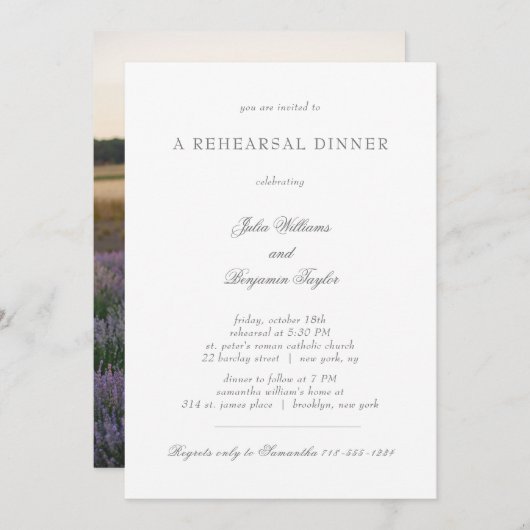 Invitation Dîner de répétition Julia Simple Argent Script Pho (Devant / Derrière)