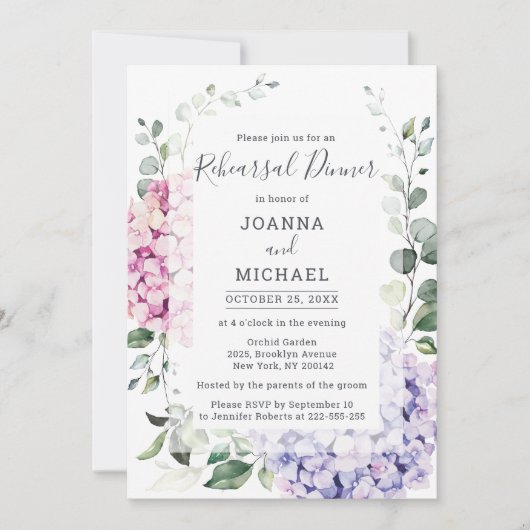 Invitation Dîner de répétition Light Blue Hydrangea & Eucalyp (Devant)