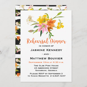 Invitation Dîner de répétition Lily Flowers Orange Black Stri