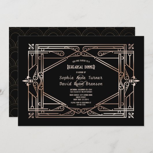 Invitation Dîner de répétition Luxe Or Gatsby Art Déco (Devant / Derrière)