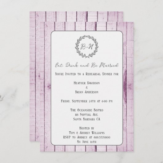 Invitation Dîner de répétition Magenta Rustic Monogram (Devant / Derrière)