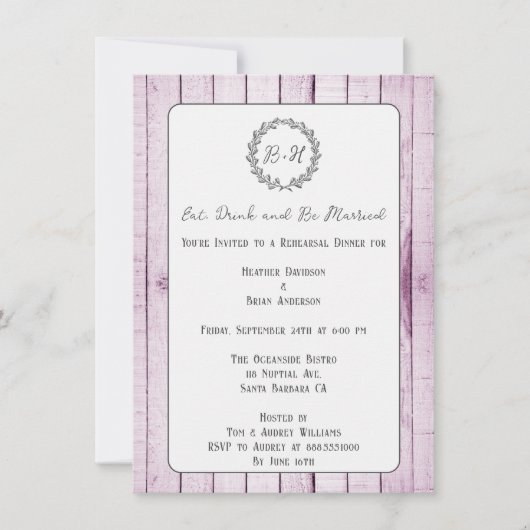 Invitation Dîner de répétition Magenta Rustic Monogram (Devant)