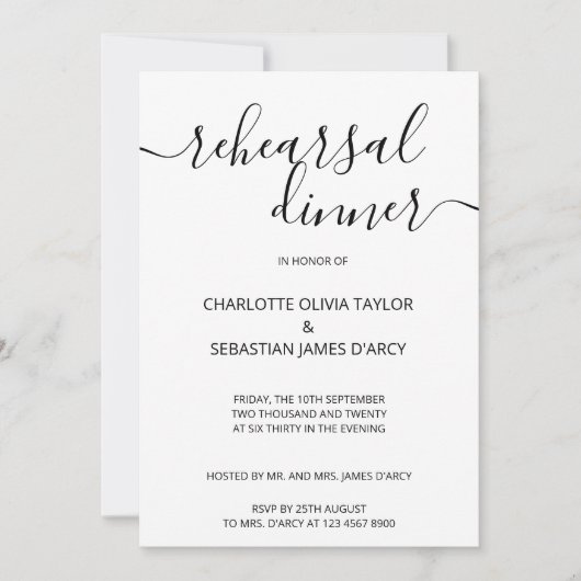 Invitation Dîner de répétition manuscrit de typographie (Devant)