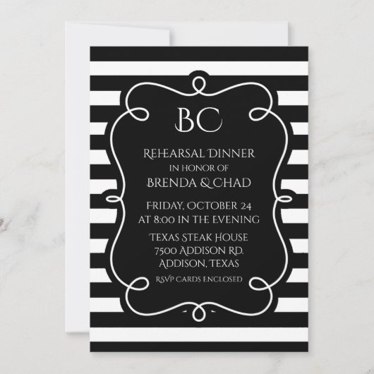 Invitation Dîner de répétition Mariage à rayures noir et blan (Devant)