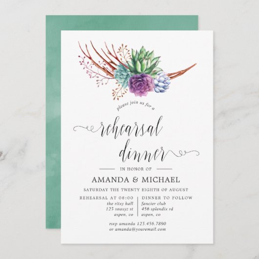 Invitation Dîner de répétition Mariage aquarelle Succulente (Devant / Derrière)