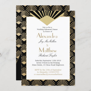 Invitation Dîner de répétition Mariage Art déco Black Gold