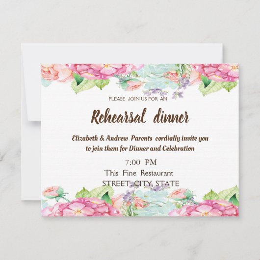 Invitation Dîner de répétition Mariage aux fleurs d'aquarelle (Devant)