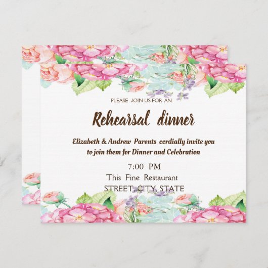 Invitation Dîner de répétition Mariage aux fleurs d'aquarelle (Devant / Derrière)