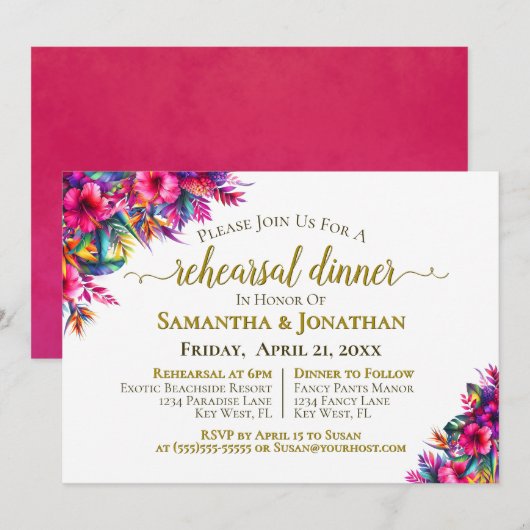 Invitation Dîner de répétition Mariage aux fleurs tropicales  (Devant / Derrière)
