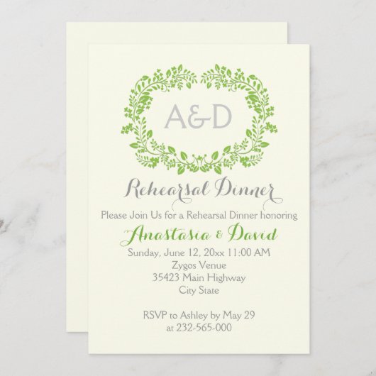 Invitation Dîner de répétition mariage avec initiales de feui (Devant / Derrière)