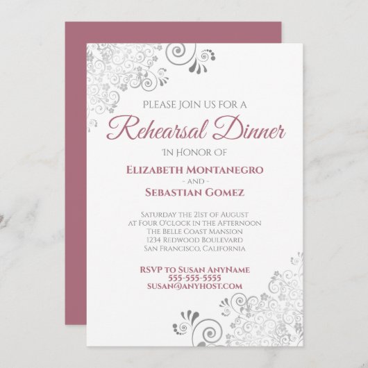 Invitation Dîner de répétition Mariage avec Rose poussiéreux  (Devant / Derrière)