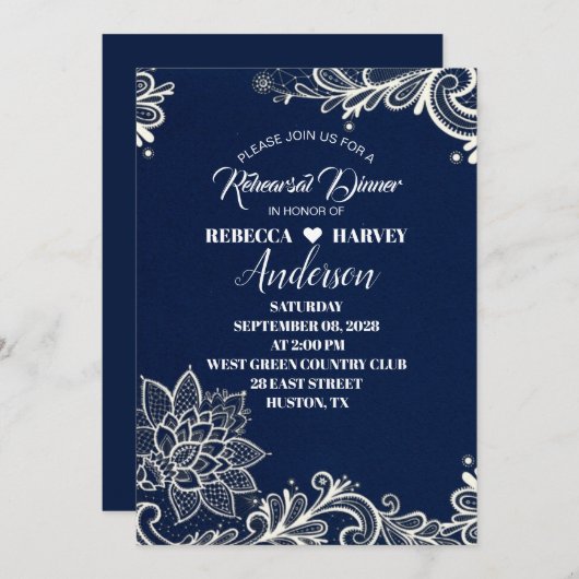 Invitation dîner de répétition mariage bleu marine (Devant / Derrière)