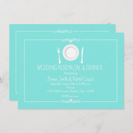Invitation Dîner de répétition Mariage bleu turquoise Invitat (Devant / Derrière)
