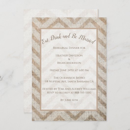 Invitation Dîner de répétition Mariage Burlap (Devant / Derrière)