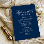 Invitation Dîner de répétition Mariage classique élégant<br><div class="desc">Dîner d'invitation en bleu marine avec un mariage de la marine officielle, la conception de l'invitation comporte une belle typographie qui combine un script de calligraphie fleuri traditionnel avec des lettres de bloc classiques. Comprend un accent décoratif design de défilement. Le texte personnalisé peut être entièrement personnalisé pour votre événement...</div>