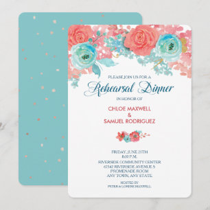 Invitation Dîner de répétition Mariage Coral Pink and Aqua Fl