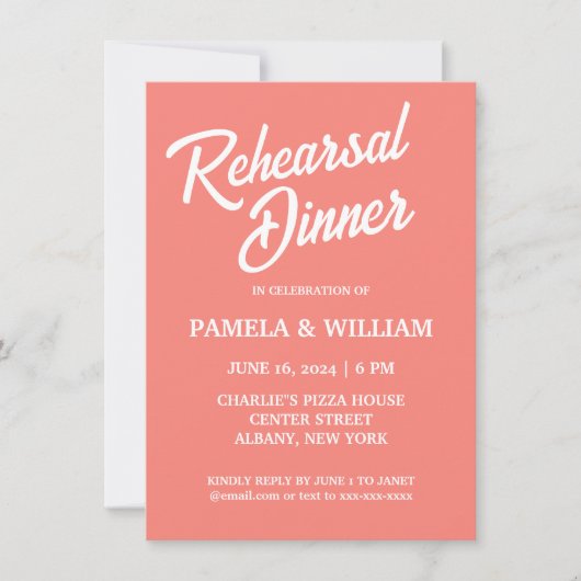 Invitation Dîner de répétition Mariage Coral Simple Style (Devant)