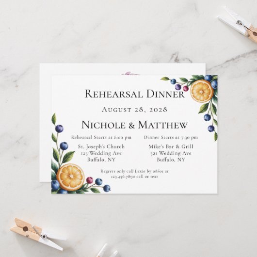 Invitation Dîner de répétition Mariage d'agrumes méditerranée (Devant/Arrière en situation)