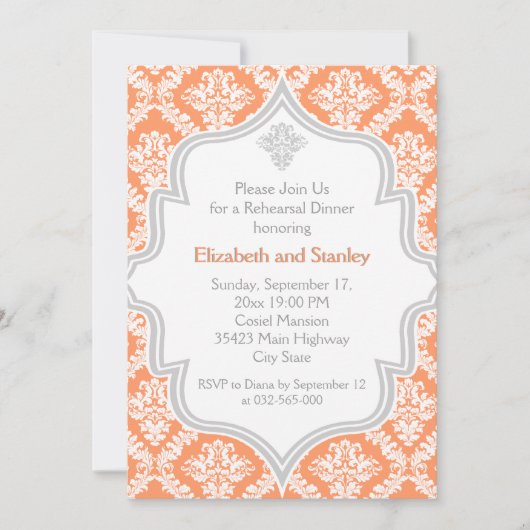 Invitation Dîner de répétition mariage damassé gris, blanc, c (Devant)