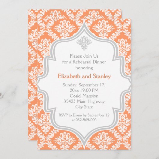 Invitation Dîner de répétition mariage damassé gris, blanc, c (Devant / Derrière)