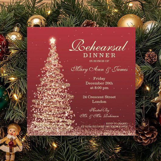 Invitation Dîner de répétition Mariage de Noël Or rouge