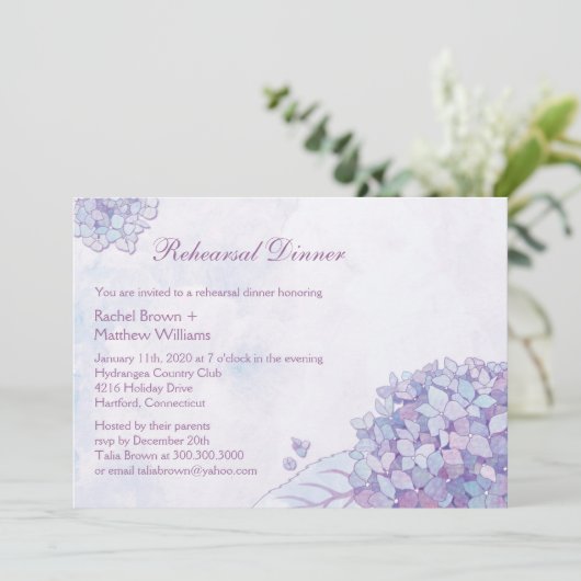 Invitation Dîner de répétition Mariage d'Hydrangea violet (Debout devant)