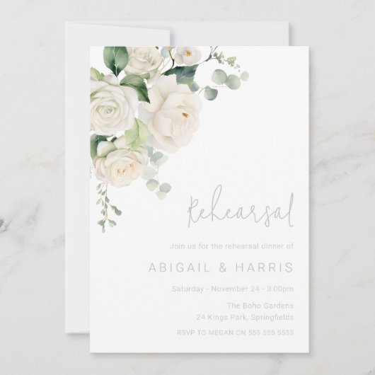 Invitation Dîner de répétition Mariage Divin White Roses & Sa (Devant)
