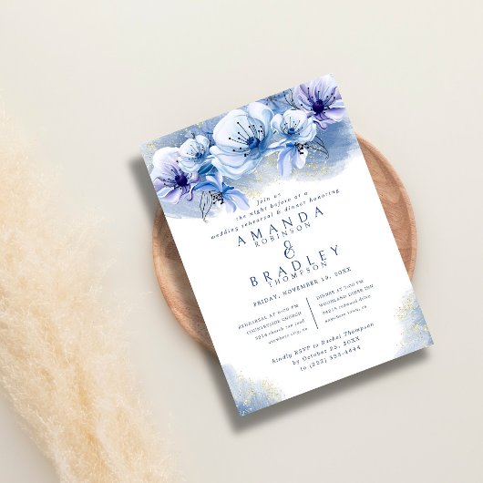 Invitation Dîner de répétition Mariage Dusty Blue & Gold Part