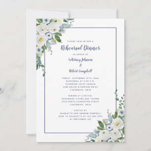 Invitation Dîner de répétition mariage Élégant floral bleu bl