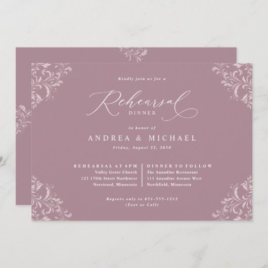 Invitation Dîner de répétition Mariage Elégant Mauve (Devant / Derrière)