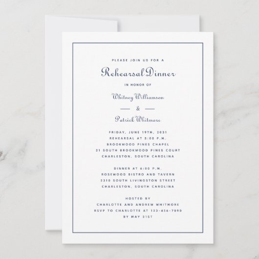 Invitation Dîner de répétition Mariage Élégant Script Bleu Bl (Devant)