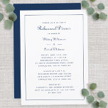 Invitation Dîner de répétition Mariage Élégant Script Bleu Bl<br><div class="desc">Dîner classique de répétition mariage avec un design élégant en bleu marine romantique sur un arrière - plan blanc immaculé. L'arrière de l'invitation correspond & est solide en bleu. Le libellé convient à un événement traditionnel et formel mariage de l'église. Utilisez le modèle moderne simple pour remplacer le texte d'exemple...</div>