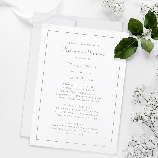 Invitation Dîner de répétition Mariage Élégant Script Sage Bl