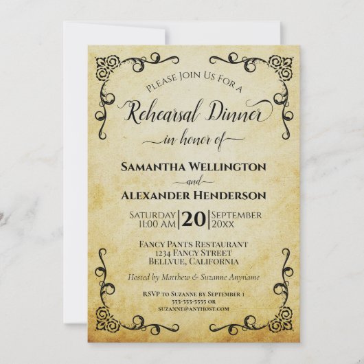 Invitation Dîner de répétition Mariage élégant Vintage Parchm (Devant)