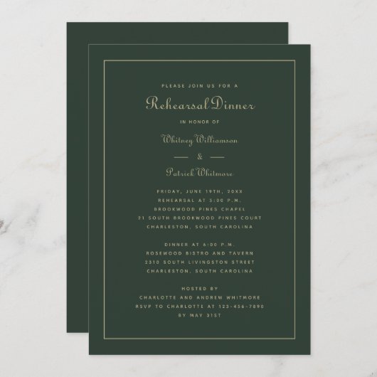 Invitation Dîner de répétition Mariage Emerald Green & Gold (Devant / Derrière)