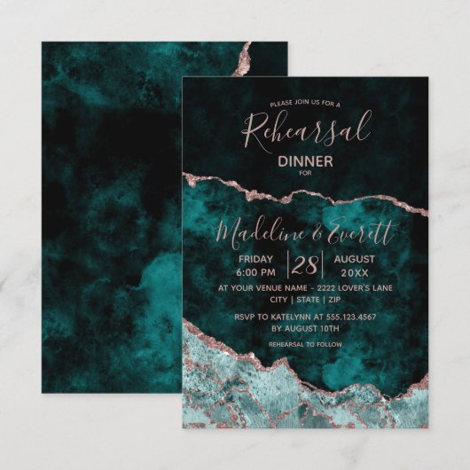 Invitation Dîner de répétition Mariage Emerald & Rose Gold Ag (Devant / Derrière)