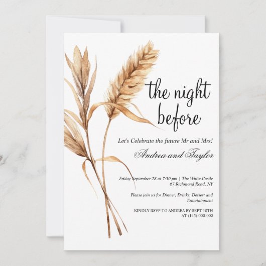 Invitation Dîner de répétition Mariage en herbe Pampas élégan (Devant)