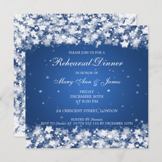Invitation Dîner de répétition Mariage Étoiles Bleu (Devant / Derrière)