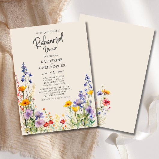 Invitation Dîner de répétition Mariage Fleur sauvage beige de