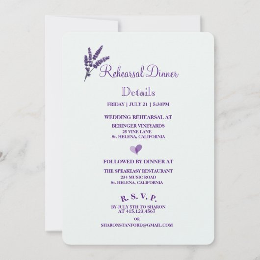 Invitation Dîner de répétition Mariage Fleurs Lilac Élégantes (Dos)
