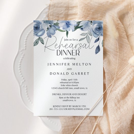 Invitation Dîner de répétition Mariage Fleurs Roses bleu Dust