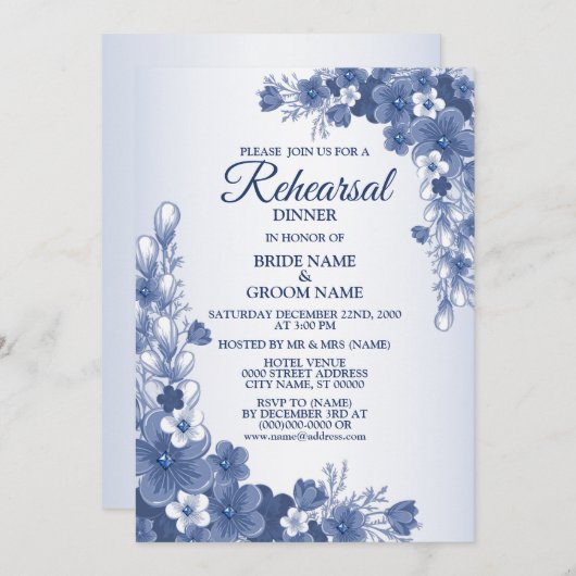 Invitation Dîner de répétition Mariage Floral Blue Rustic (Devant / Derrière)