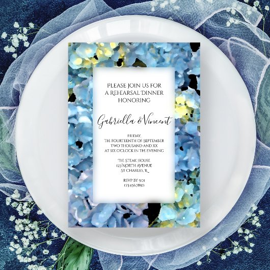 Invitation Dîner de répétition Mariage Floral Hydrangea bleu